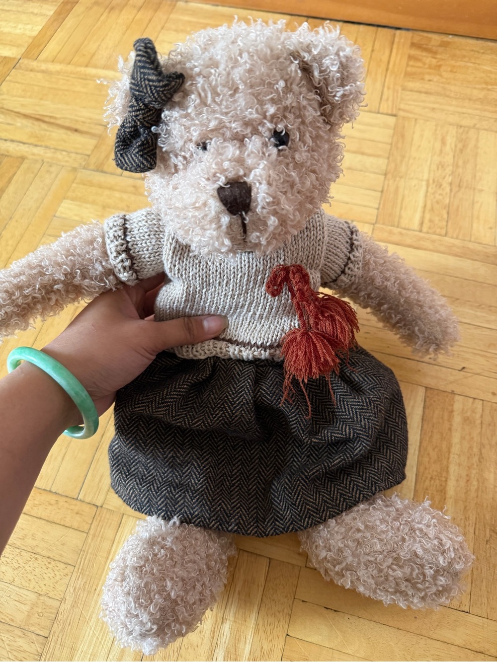 Handmade Curly Plush Bear with Knit Top and Herringbone Skirt - Cream & Brown